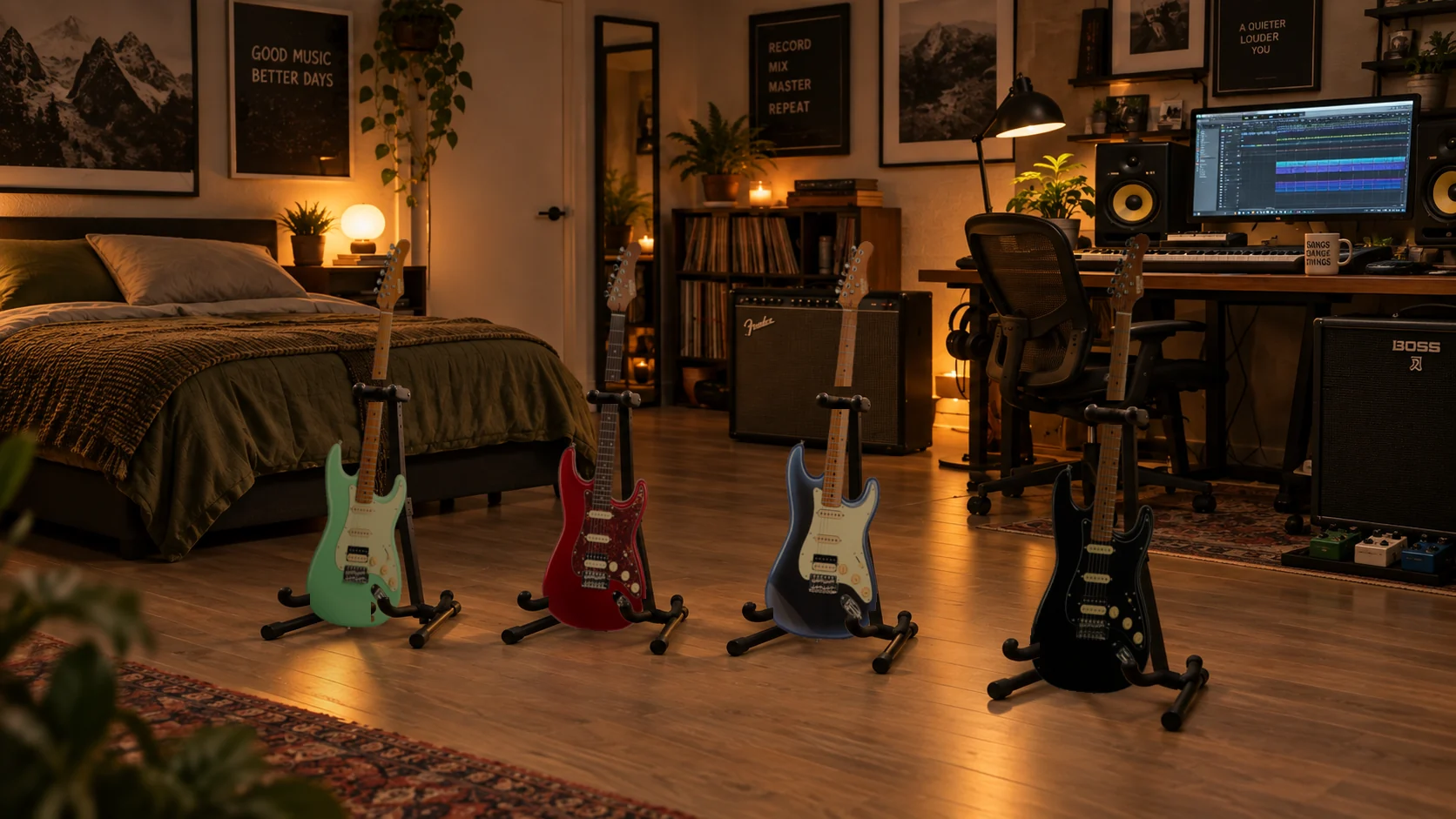 Four Revolution HSS guitars on stands in a home studio: sea foam green, red, blue burst and black.